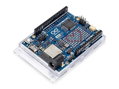 Uno R4 WiFi Dual Core Microcontroller Board With Renesas RA4M1 And ESP32 S3 for IoT and embedded projects, angled view.