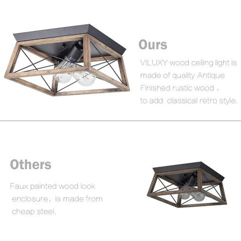 Retro Industrial Farmhouse Rectangle Flush Mount Ceiling Light Fixture With Wood Shade Two Light For Hallways Entryways Dining Rooms Bedrooms And Living Rooms In Any Home