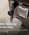 Fully Automatic Espresso Machine With One Touch Milk Frother And Quiet Ceramic Grinder crafts milk froth in a glass cup.