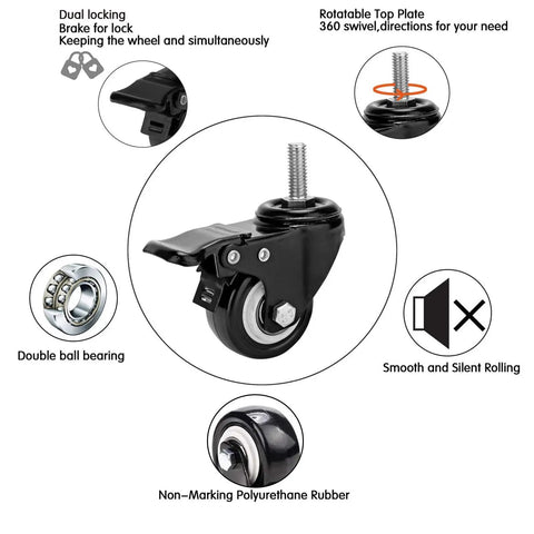 Heavy Duty Two Inch Polyurethane Stem Casters With Smooth Riding Dual Ball Bearings No Fuss Swivel Design Locking Brake Mechanism showing details of locking mechanism.