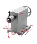 Heavy Duty Cnc Rotary Fourth A Axis Integrated With Four Jaw Chuck And Tailstock Support showing detailed dimensions and solid aluminum design.