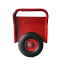 No Sweat Heavy Duty Panel Dolly Cart With One Thousand Pound Capacity And Ten Inch Reliable Solid Rubber Tires For Easy Drywall Loads Heavy Door Slides And Contractor Gear Runs In Glossy Red, front view showcasing tire and handle.