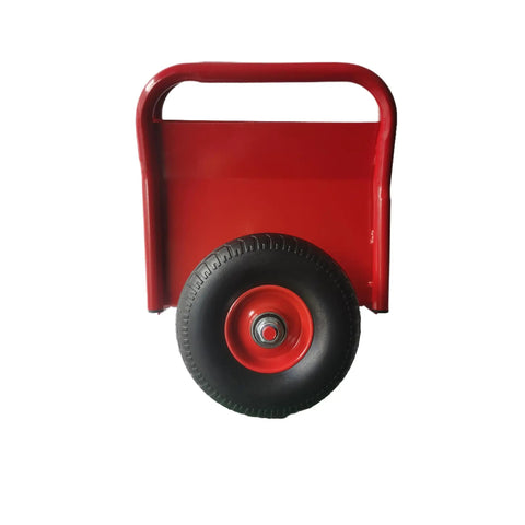 No Sweat Heavy Duty Panel Dolly Cart With One Thousand Pound Capacity And Ten Inch Reliable Solid Rubber Tires For Easy Drywall Loads Heavy Door Slides And Contractor Gear Runs In Glossy Red, front view showcasing tire and handle.