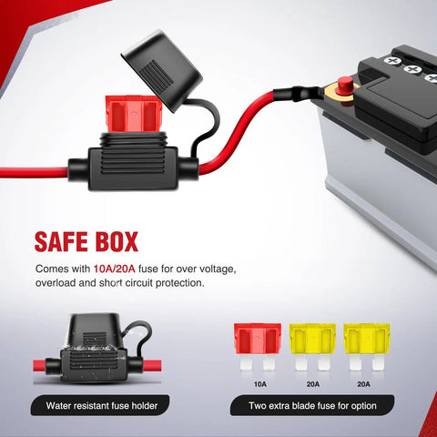ATV UTV Fan Override Switch Kit With 16AWG Wiring Harness And 5 Pin Rocker Relay showing fuse holder and fuses