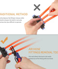 Demonstration of Air Line Pliers For Quick Disconnects with push-to-connect hose tool, showing ease of use for 3/8 and 1/2 inch fittings.