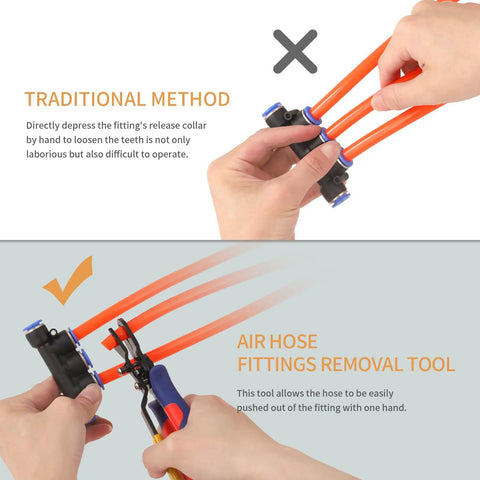 Demonstration of Air Line Pliers For Quick Disconnects with push-to-connect hose tool, showing ease of use for 3/8 and 1/2 inch fittings.