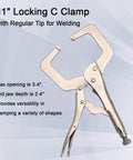 11-inch locking C clamp for welding with a 3.4-inch max opening and 2.4-inch jaw depth, part of Pro Grade 22-Piece MIG Welding Tools Kit.