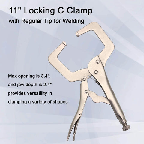 11-inch locking C clamp for welding with a 3.4-inch max opening and 2.4-inch jaw depth, part of Pro Grade 22-Piece MIG Welding Tools Kit.