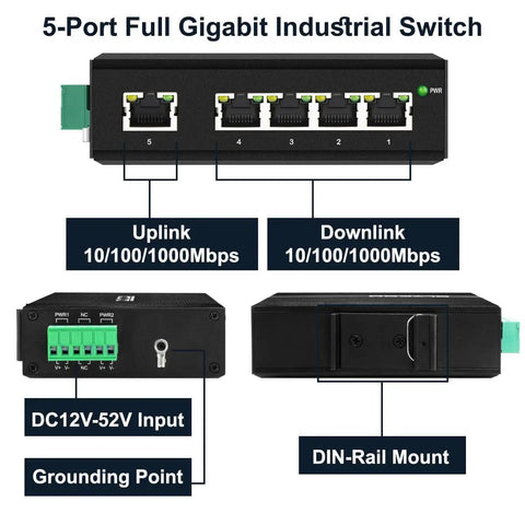 Front and side views of Rugged Five Port Gigabit Ethernet Switch For Industrial Din Rail Mount With Five Auto Negotiating RJ45 Ports