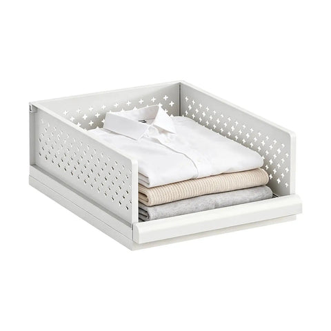 Stackable Closet Organizers Supercharge Your Home Storage Routine With Durable Wardrobe Bins Built For Seamless Bathroom Bedroom And Apartment Organization While You Kick Your Clutter Straight To The Curb. White PP stackable clothing bin with folded shirts, 32.5x42.5x23.5cm.