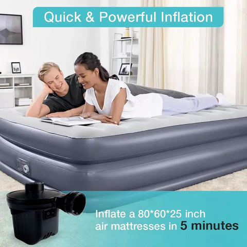 Couple on air mattress with Portable Electric Air Pump For Inflatables, Quick Fill Air Pump With 3 Nozzles, inflatable bed setup