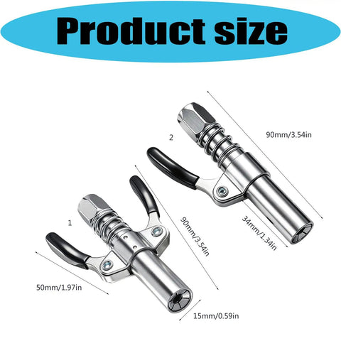 Spring Loaded Grease Coupler With Aluminum Alloy Body Locking Design showing dimensions and dual units, 90mm length