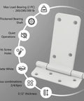 Beefy Heavy Duty 5 Inch Gate Hinges Set, 260 Lb Capacity, diagram showing features of matte white hinge with screw holes