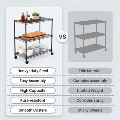Sturdy 3 Tier Steel Wire Shelving Unit With Easy Roll Wheels And Adjustable Heights, featuring heavy-duty steel and smooth casters.