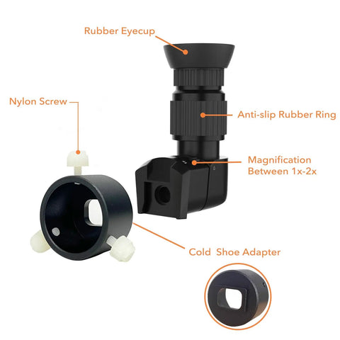 Rock Solid Right Angle Viewfinder With Metal Adapter For Polar Scope, 90 Degree Finder showing rubber eyecup and cold shoe adapter.