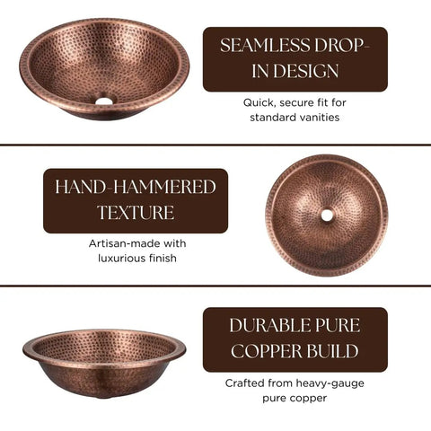 16 Inch Rotunda Copper Vanity Sink Hand Hammered Dual Mount Undermount Or Drop In For Bathroom Countertop Powder Room Restroom Durable Heavy Gauge Copper Craftsmanship