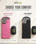 All Season Waterproof Sleeping Bag For Adults And Kids, 50F To 77F Temperature Range, Ultra Lightweight Three Pound Packable Backpacking Gear, HexTech Shell, Cozy Warm Sleep Must Have For Boys And Girls, Ideal For Spring Summer Fall Camping displayed in pink and black with bags