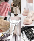 Various fashion items including shoes, bags, and clothing with metal eyelets, showcasing versatility of 4Mm Round Eyelet Grommet Kit With Single Hole Punch.