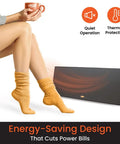 New And Improved Flat Panel Space Heater For Home And Office Portable 150W Heater With Built In Thermostat next to person with socks