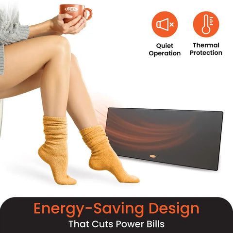 New And Improved Flat Panel Space Heater For Home And Office Portable 150W Heater With Built In Thermostat next to person with socks