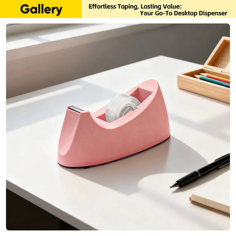Pink Heavy Duty One Handed Weighted Office Tape Dispenser For 1 Inch Core Pink Grab And Go Quick Reload on white desk