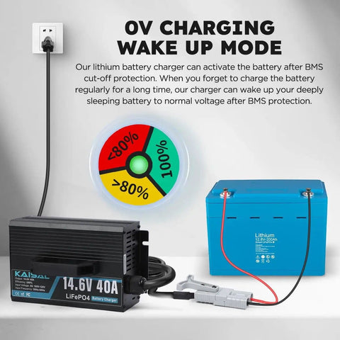 Beefy 14.6V LiFePO4 Battery Charger connected to a 12.8V deep cycle battery showcasing 0V wake up mode for RV and marine use.