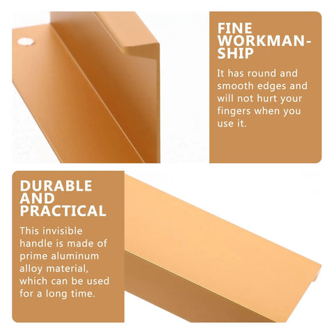 Gold 80mm Right Angle Finger Edge Pulls Hidden Cabinet Handles for kitchen cabinets shown close-up with rounded edges and aluminum alloy.