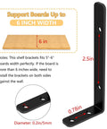 Diagram showing 6-Piece L Shelf Brackets, 5x2 Inch Corner Support Brackets with dimensions for wooden shelves installation.