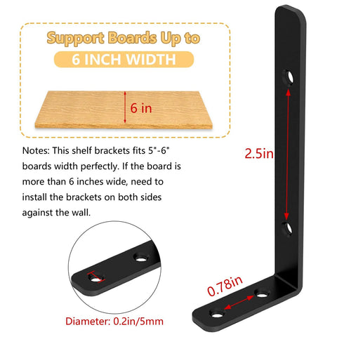 Diagram showing 6-Piece L Shelf Brackets, 5x2 Inch Corner Support Brackets with dimensions for wooden shelves installation.
