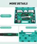 All In One Car Body Repair Tools Kit with Paintless Dent Repair Sheet Metal Grinding Ergonomic Non Slip Handles DIY Auto Body Repair Set displayed in open toolbox with fixed grooves and slip prevention handle close-ups.