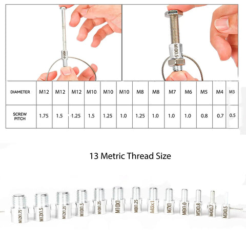 Nut And Bolt Thread Checker Gauge Kit With 28 Thread Gauges For Inch And Metric, close-up of 13 metric thread gauges shown with table.