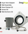 SnugDryer Space Saving Dryer Vent Connection Kit components with adapter, wall assembly, hose clamps, screws, and wall anchors.