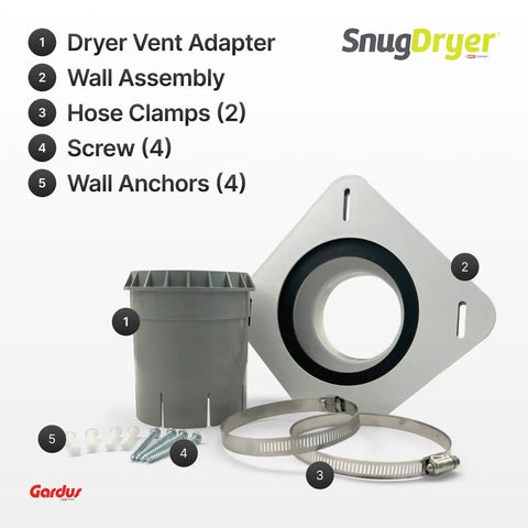 SnugDryer Space Saving Dryer Vent Connection Kit components with adapter, wall assembly, hose clamps, screws, and wall anchors.