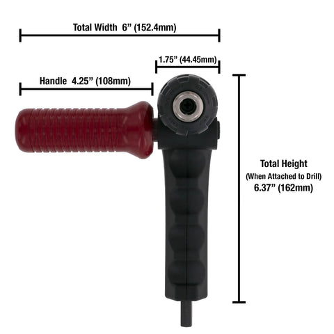 Right Angle Drill Attachment With 3 Eighth Inch Chuck And 6 Sided Hex Shank showing dimensions and dual handle design