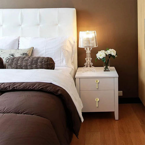 Bedroom with white nightstand featuring Two Pieces Brass Tear Drop Cabinet Knob Pulls Pendant Antique Style Gold Hardware For Cabinets Drawers Dressers And Furniture With 2 By 0.64 Inches Length And 0.92 Inch Diameter Gasket.