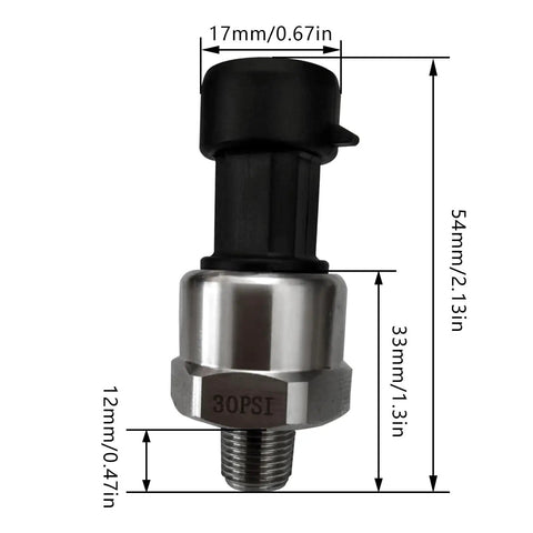 Stainless Steel Pressure Transducer Sensor With Connector One Eighth Inch NPT Fitting For Oil Fuel Air Water 30 PSI with dimensions