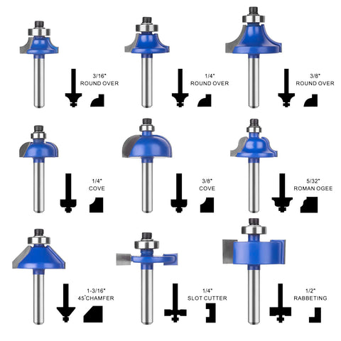 24 Piece Quarter Inch Shank Tungsten Carbide Router Bit Set showing round over, cove, and slot cutter bits with profiles.