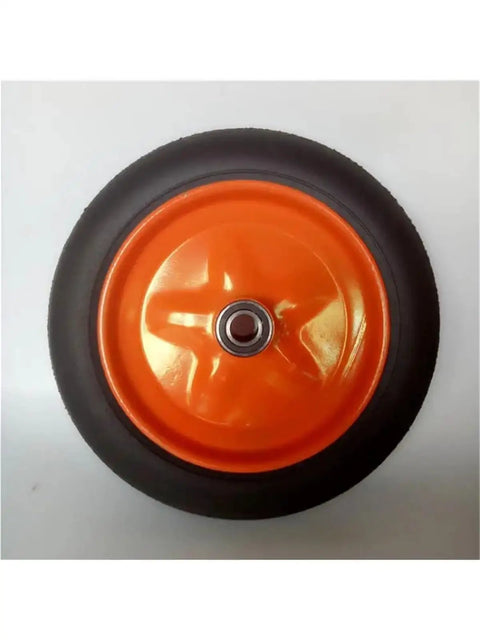 Built Tough 14 Inch Hella Durable Solid Rubber Caster Wheel For Heavy Duty Industrial Trolley And Mining Cart Replacement Knockout High Load Swivel Plates, top view of orange wheel with black rubber tire.