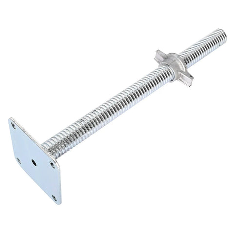 Four Pack 18 Inch Adjustable Leveling Jacks For Baker Style Scaffolding, 3307 Lbs Load Capacity, Heavy Duty Galvanized Solid Screw Jacks With Base Plate, Built To Last, Silver Finish.