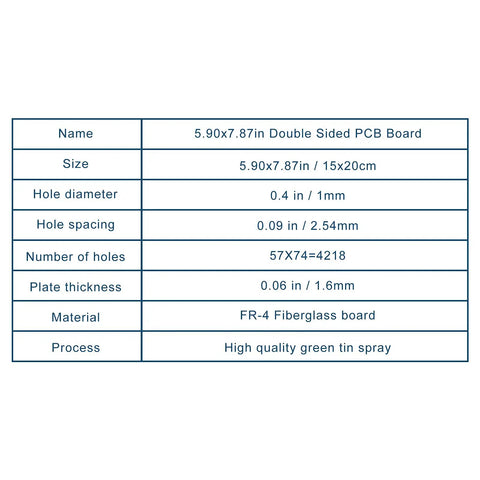 Specification chart for Three Pack 15X20CM Double Sided Protoboard For DIY Soldering And Prototyping With Pre Tinned 1 mm Holes