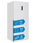 Big Boy Upright Freezer With Convertible Fridge Mode, white exterior, 21.2 cubic foot capacity, showing warranty and basket storage.