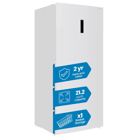 Big Boy Upright Freezer With Convertible Fridge Mode, white exterior, 21.2 cubic foot capacity, showing warranty and basket storage.