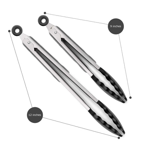 Two Pack Black Kitchen Tongs Set Pro Grade Silicone BPA Free Nonstick Stainless Steel BBQ Grilling Tongs With Locking Mechanism 9 Inch And 12 Inch