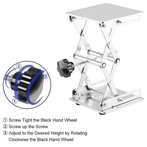 Front view of stainless steel lab scissor jack lift with a 150x150 mm platform and height range 75-260 mm