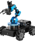 LewanSoul ROS robotic arm on a black 4WD chassis with blue aluminum segments and a gripper