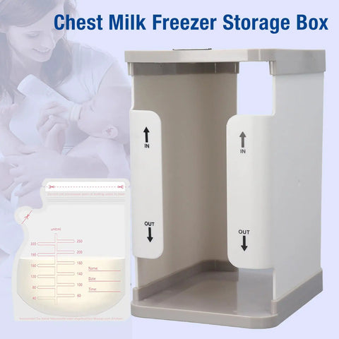 Big Capacity Breast Milk Storage Containers With First In First Out System, removable freezer organizer tray, and metal freezer plate.