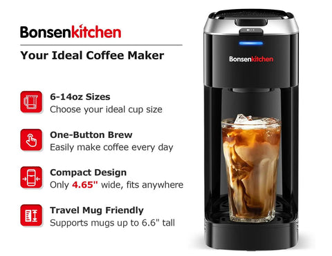 Single Serve K Cup Pod Coffee Maker With Six To Fourteen Oz Brew Size One Touch Fast Three Minute Brew Strength Control BPA Free Materials Fits Six Point Six Inch Travel Mugs Silver Upgrade