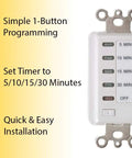 One-Touch Auto Shut Off Timer For Bathroom Fans With 5 10 15 30 Minute Presets, White Finish, product detail with timer buttons