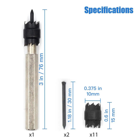 Spot Weld Cutter Set Three Eighth Inch Hole Cutter For Sheet Metal And Auto Body Repair, 14 pack with specifications shown