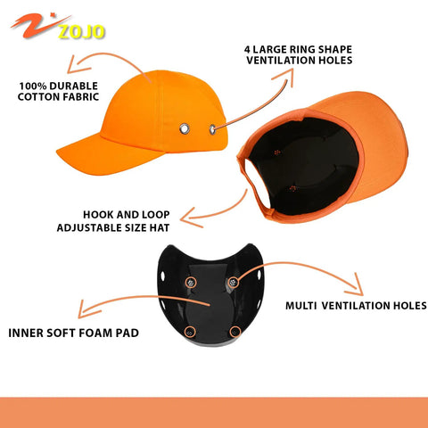 Five Pack Reflective Bump Cap Hard Hat With Breathable Lightweight Safety Cap For Men And Women Adjustable Size With Hook And Loop Twill Neon Orange High Visibility material and features
